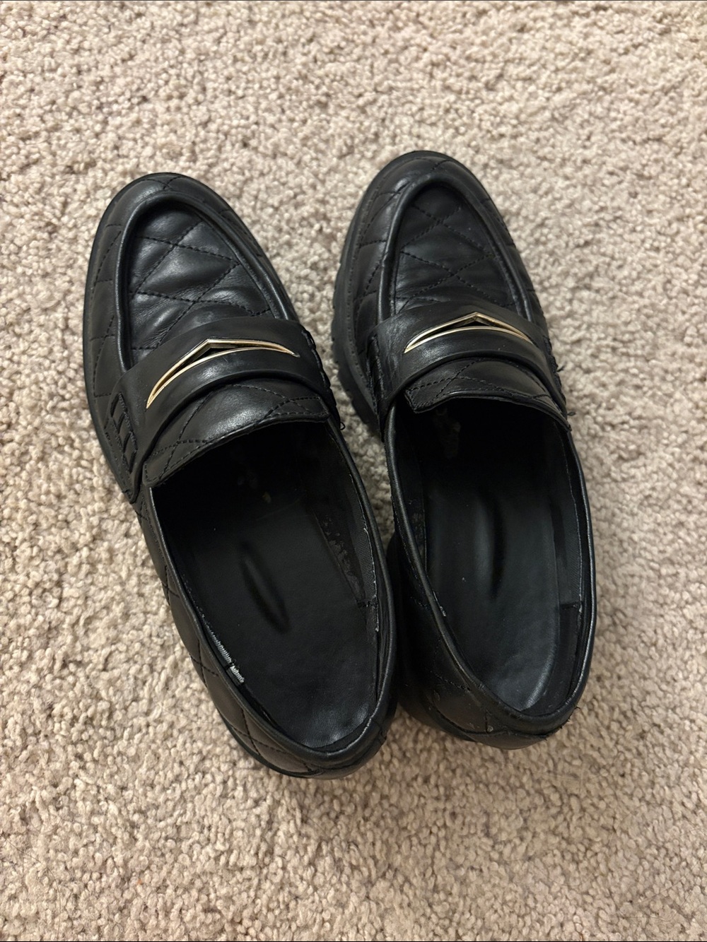 Aldo Black Quilted Leather Slip-On Loafers with Gold Bar